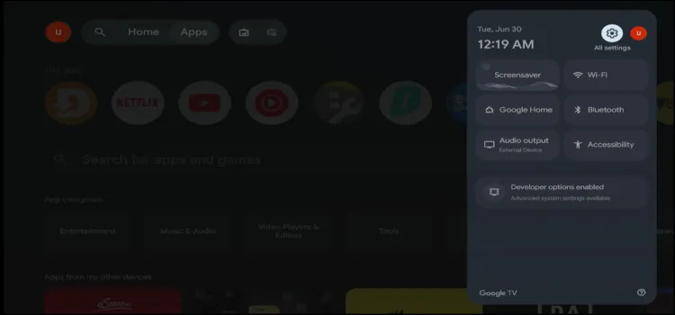All Settings menu on Onn TV