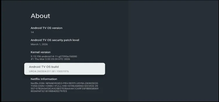 Android TV OS build version number on Onn TV