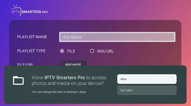 Tapping Allow in IPTV Smarters Pro