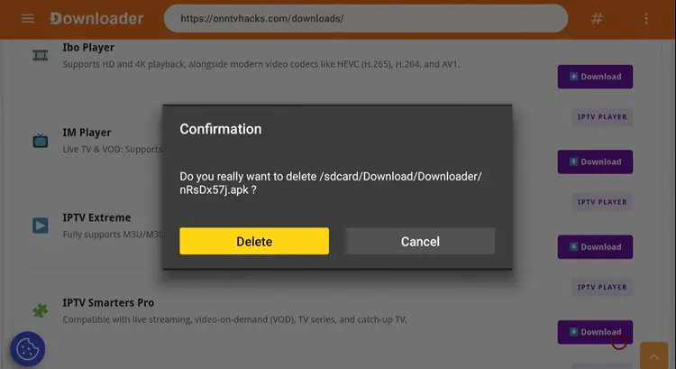 Confirming deletion of the IPTV Smarters Pro APK