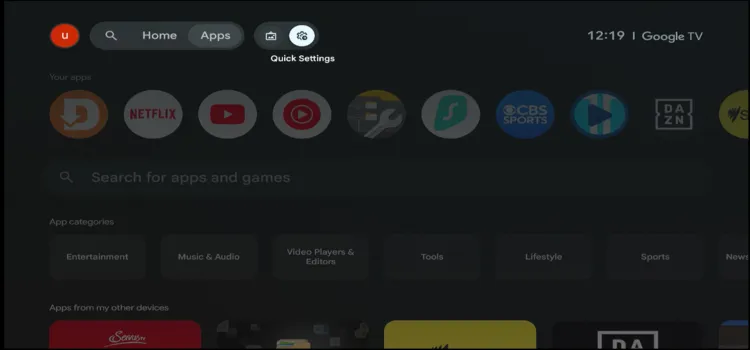 Quick Settings gear icon on Onn TV home screen
