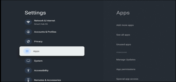 Apps menu on Onn TV settings