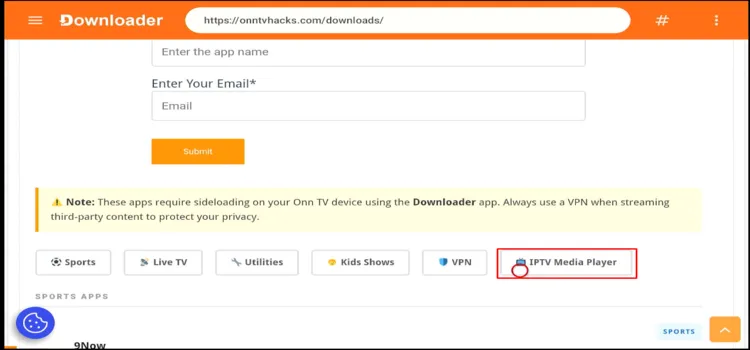Selecting IPTV Media Player category in Downloader app