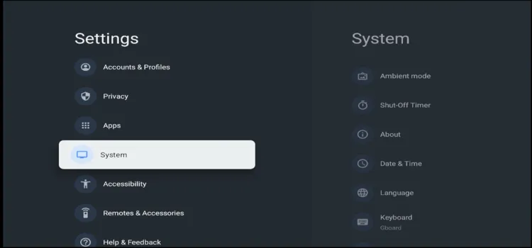 System menu option in Onn TV settings