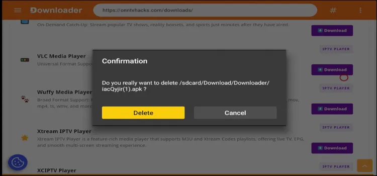 Confirming deletion of the VLC APK file on Onn TV