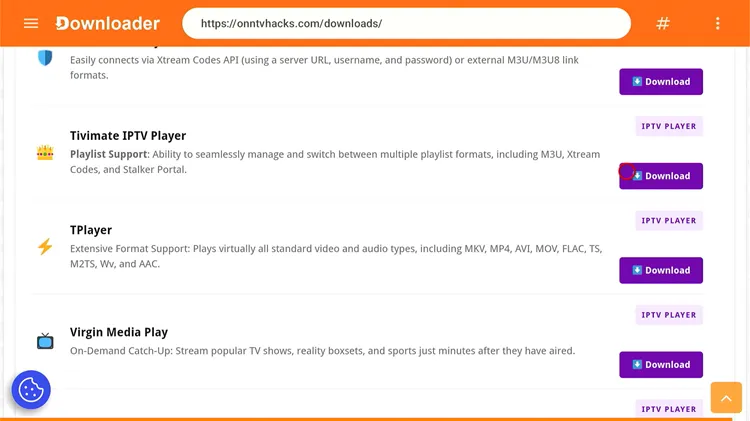 Locating TiviMate in the Downloader app