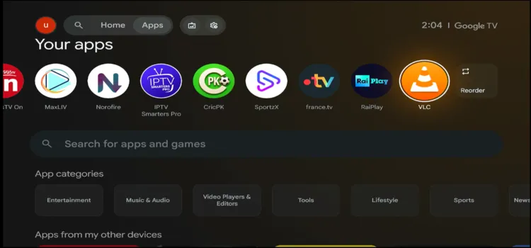 Launching VLC Media Player from the Onn TV home screen