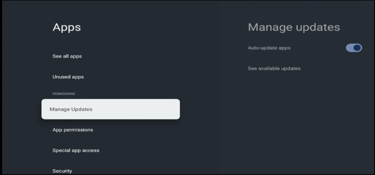 Manage Updates option in Onn TV app settings
