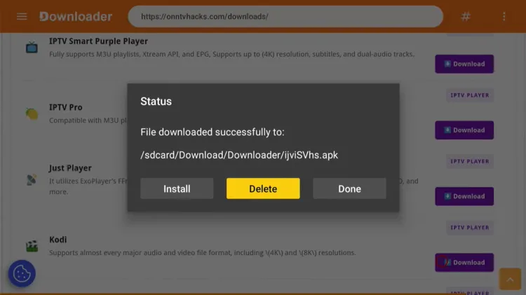 Click Delete to remove APK