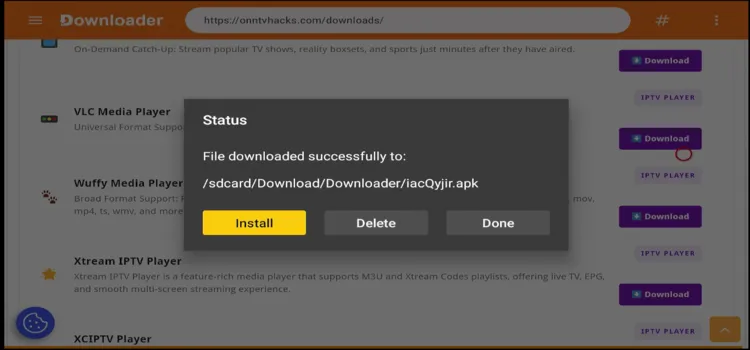 Confirming VLC install from the status window on Onn TV