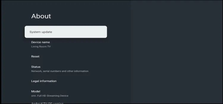 System Update option on Onn TV showing Download and Install