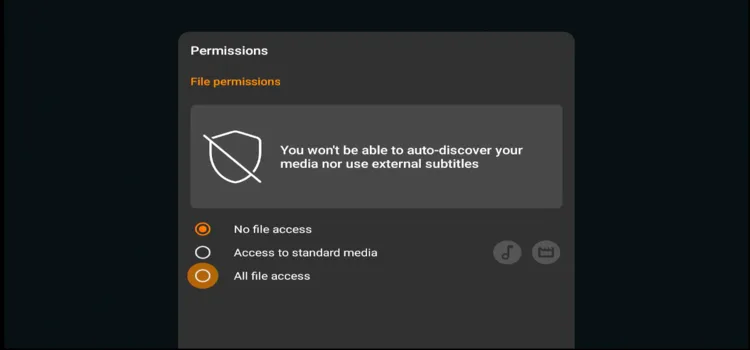 Granting VLC file access permissions on Onn TV