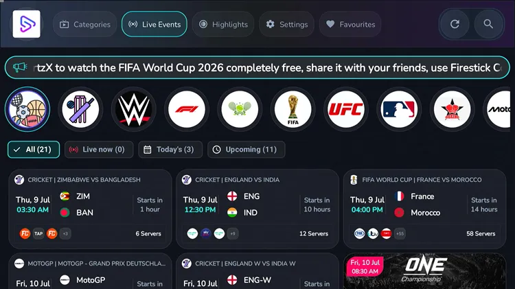 Choosing a game to watch in SportzX