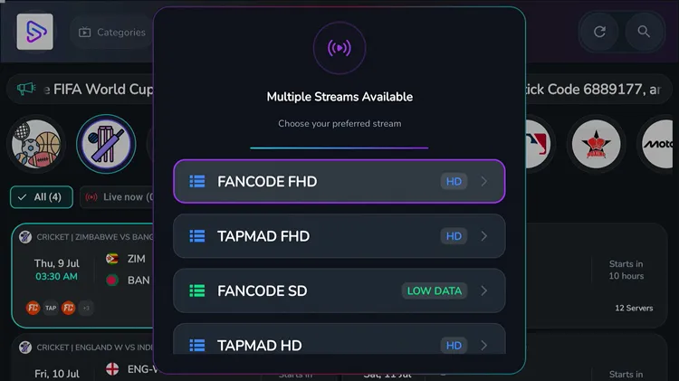 Selecting Stream in SportzX