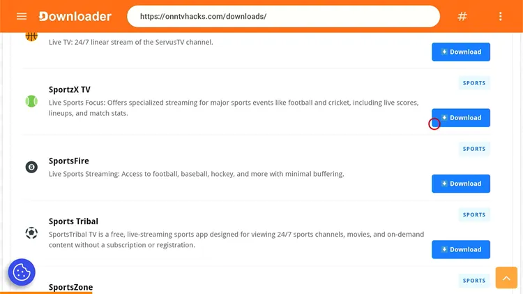 Finding SportzX and tapping Download in Downloader