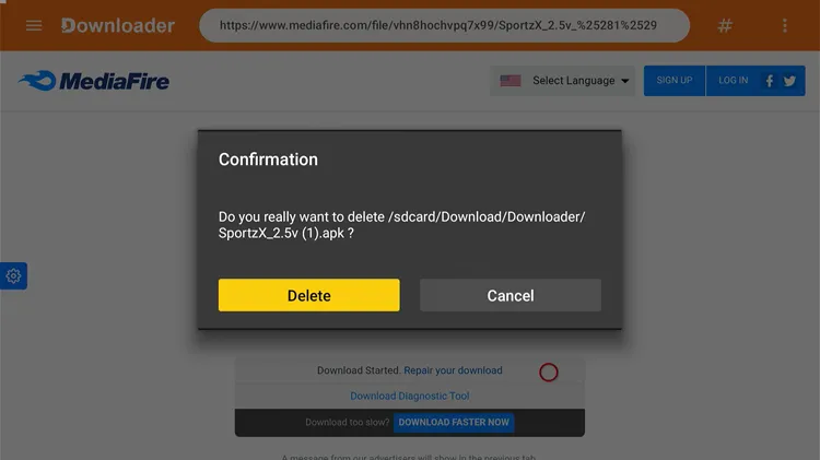 Confirming deletion of the SportzX APK file