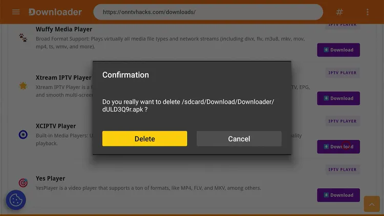 Confirming deletion of the XCIPTV APK