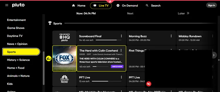 Pluto TV homepage