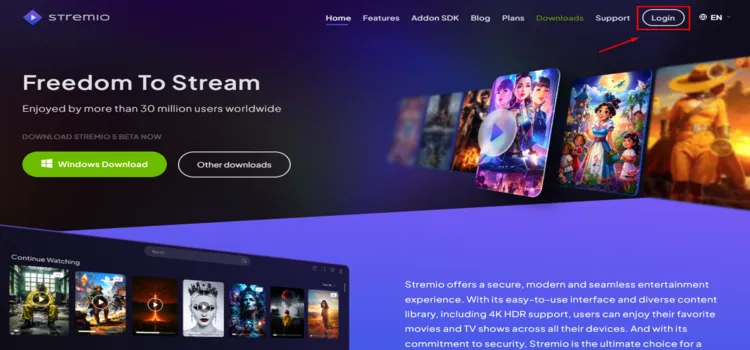 Opening Login on the Stremio website