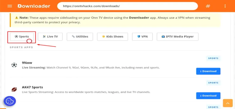 Choosing the Sports category in Downloader