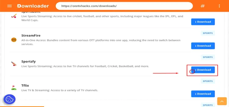 Selecting the Sportzfy download