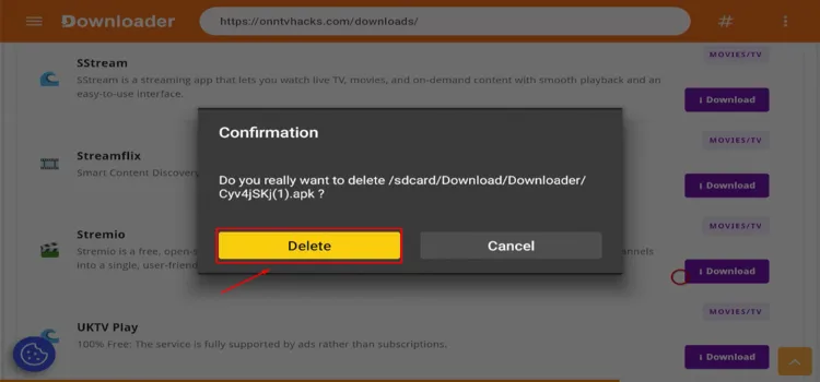 Confirming deletion of the Stremio APK file
