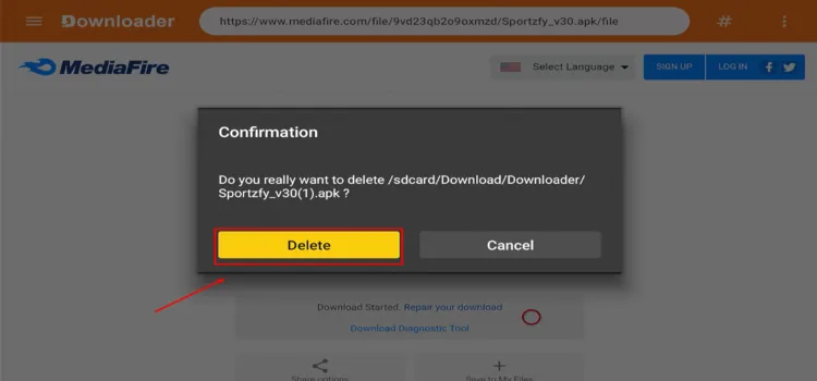 Confirming deletion of the Sportzfy APK file