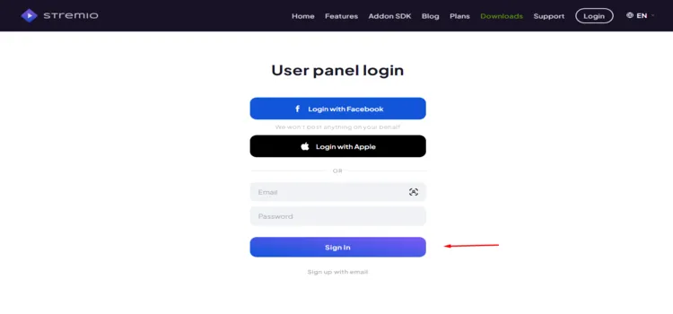 Entering email and password to sign up for Stremio