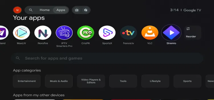 Launching Stremio from the Onn TV home screen