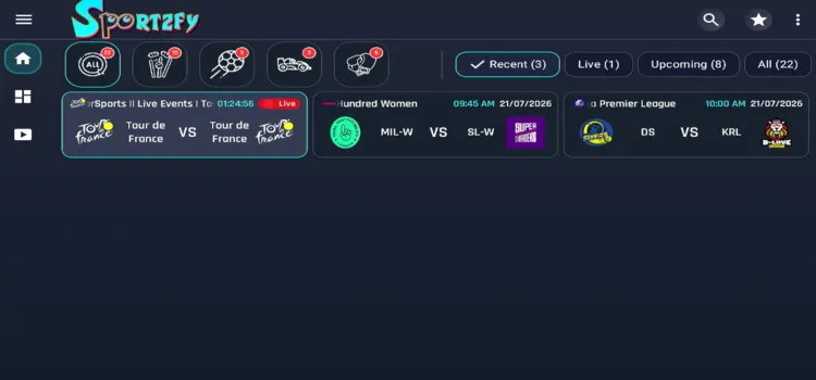 Selecting a sports stream in Sportzfy