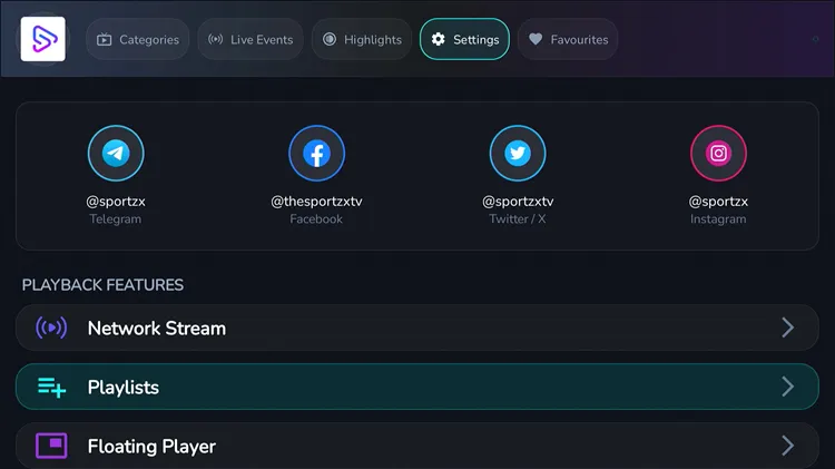 Opening Settings and Playlists in SportzX