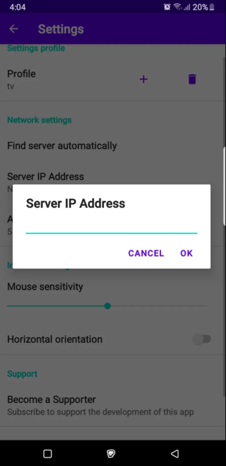 Entering the IP address to connect