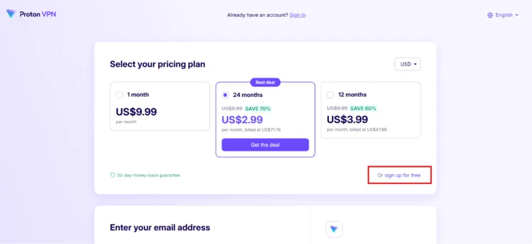 Signing up for Proton VPN free plan