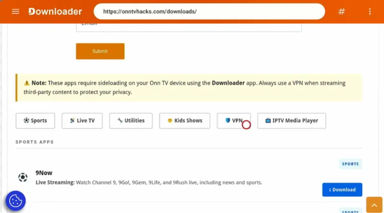 Selecting the VPN category in Downloader