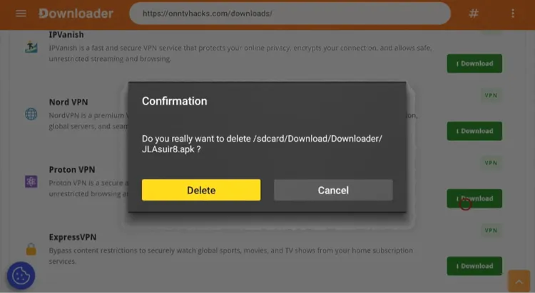 Confirming deletion of the Proton VPN APK