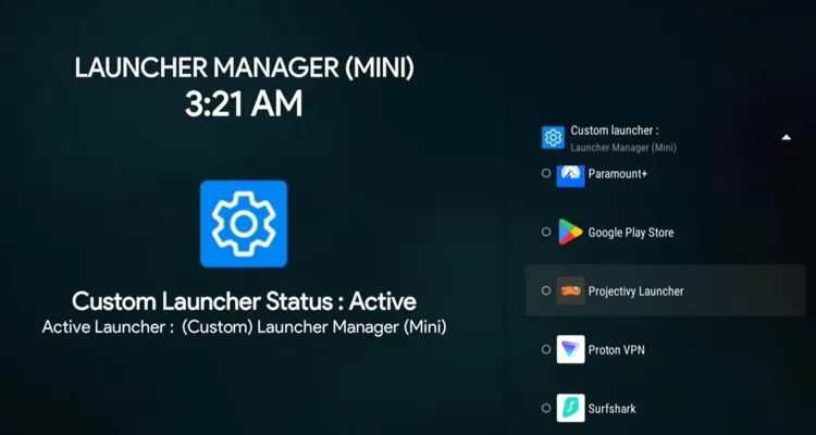Selecting Projectivity Launcher as the custom launcher