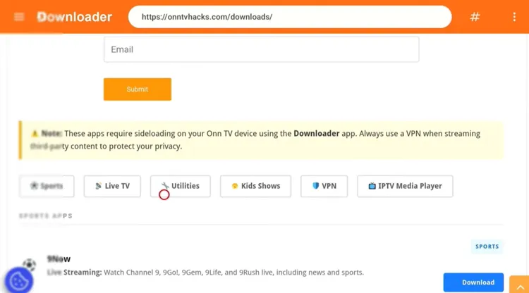 Selecting the Utilities category in Downloader