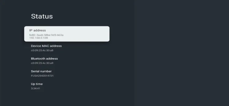Finding the IP address in Onn TV settings