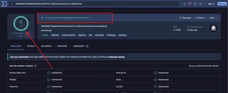 VirusTotal scan results for the Unlinked APK