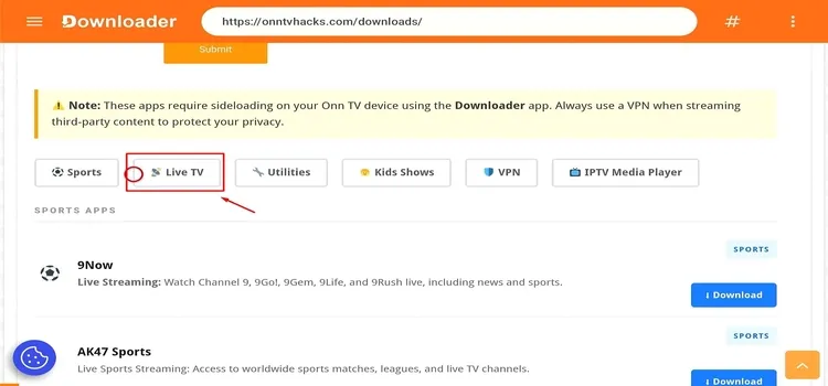 Tapping the Live TV category in Downloader