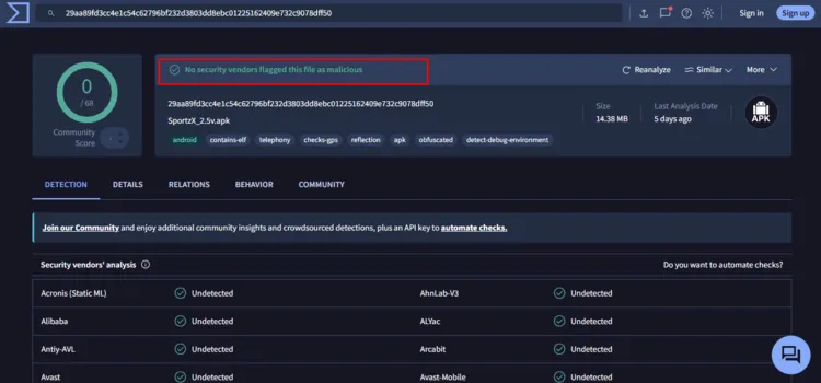 VirusTotal scan results for the Sportzfy APK