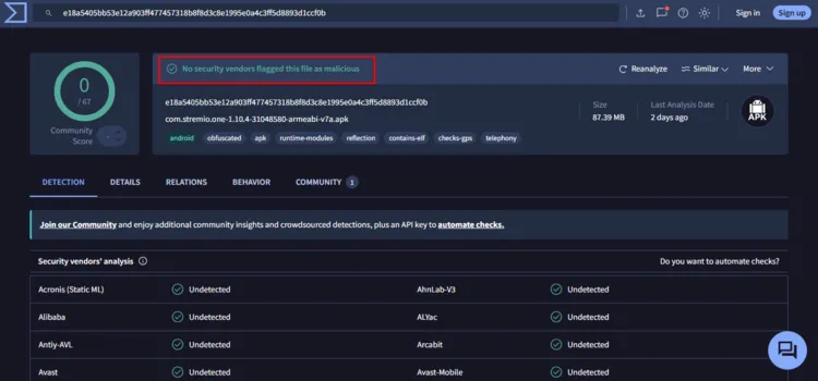 VirusTotal scan results for the Stremio APK
