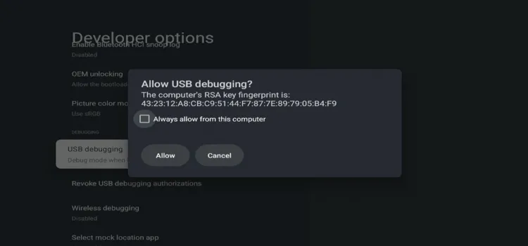Approving the USB debugging prompt on Onn TV
