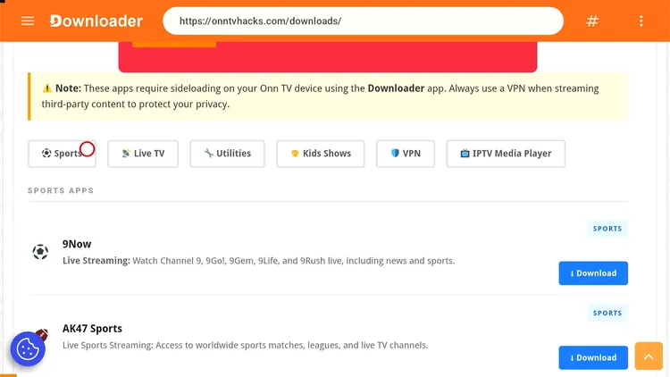 Tapping the Sports Apps category in Downloader