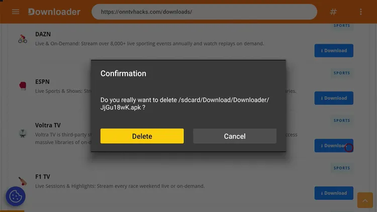 Confirming deletion of the Voltra TV setup file