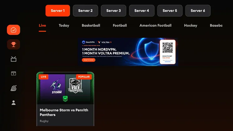 Selecting a server in the Sports section