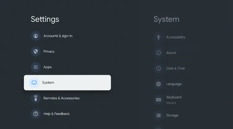 Going to System in Onn TV settings