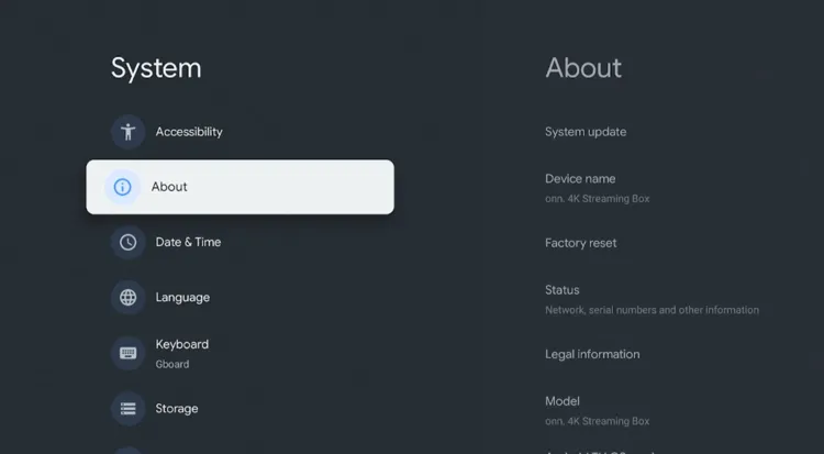 Selecting About in Onn TV System settings