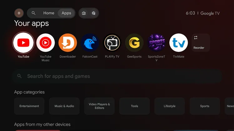 Opening the Apps screen on Onn TV