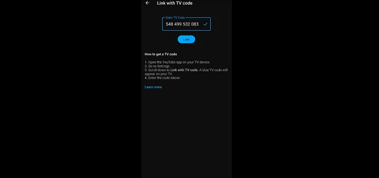 Entering the TV code and pressing Link